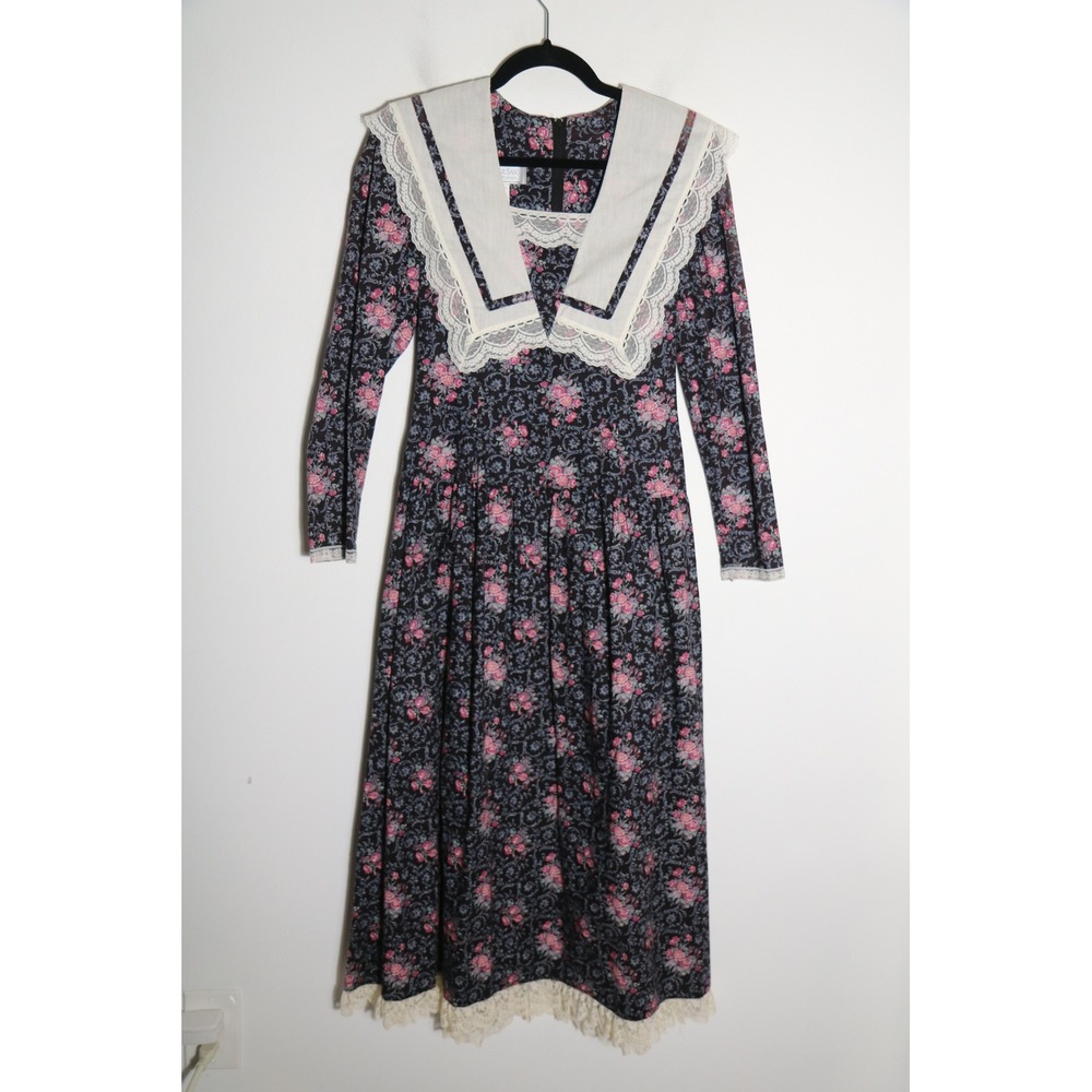 Gunne Sax Vintage 80s Floral Prairie Maxi Dress 7 Lace Trim Bib Collar Cottage